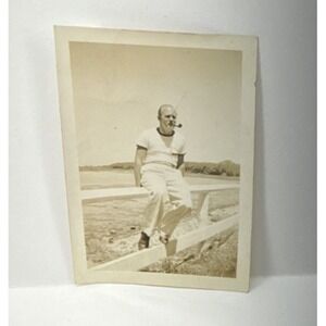 Vintage 1939 Snapshot Man with Pipe Candid Photo Handwritten Note